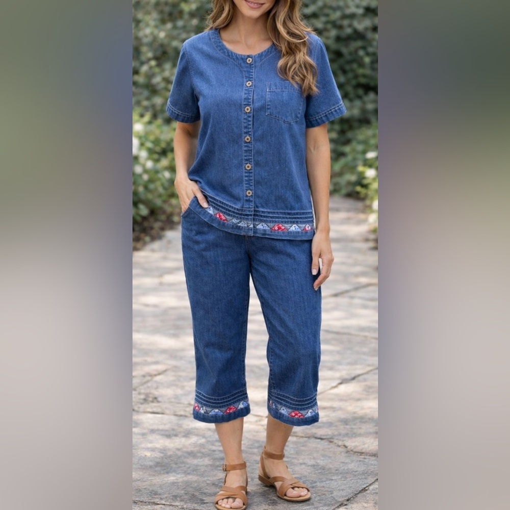 -Koret City Blues Petites Denim Bandanna Vintage Twill Capri/Top 2pc Women Large
